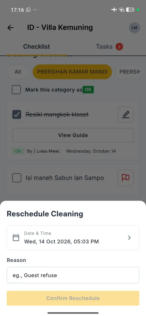 Elev8 Go app screen showing cleaning checklist and reschedule cleaning dialog for Villa Kemuning.