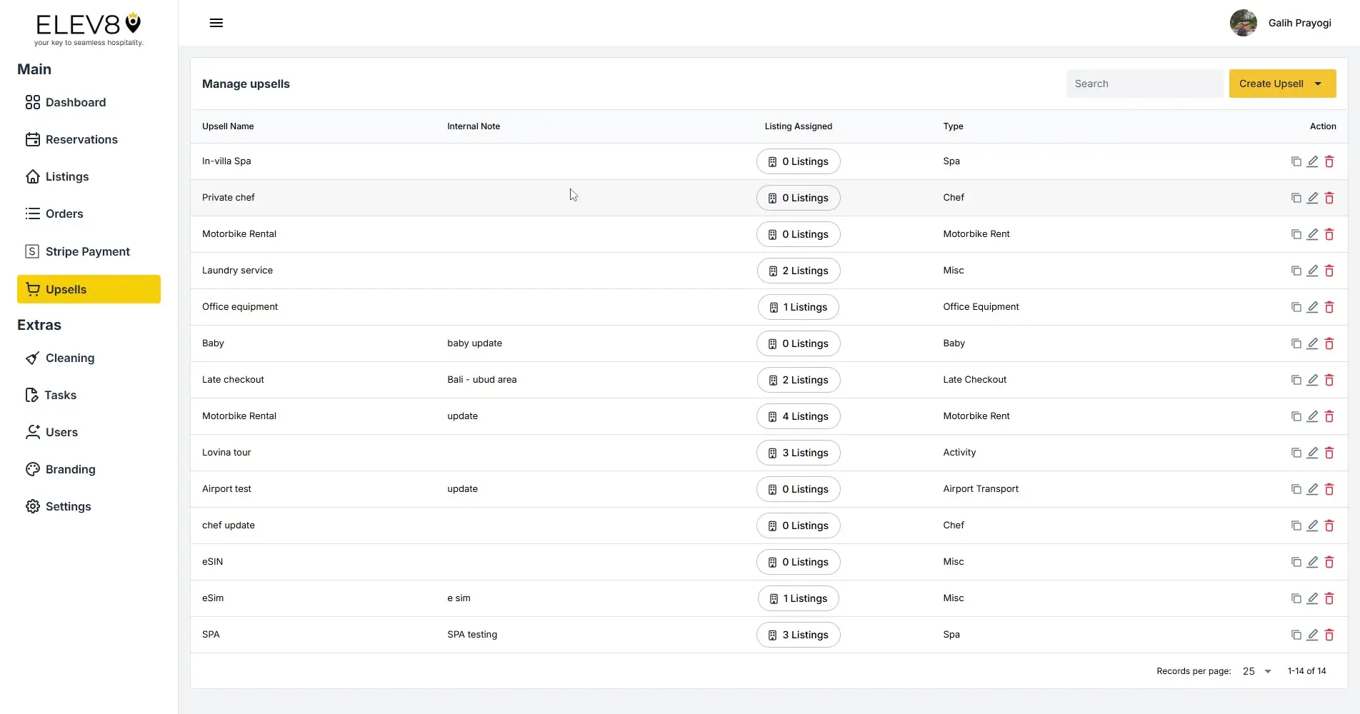 ELEV8 platform Manage Upsells page showing a list of upsell options with details and actions.