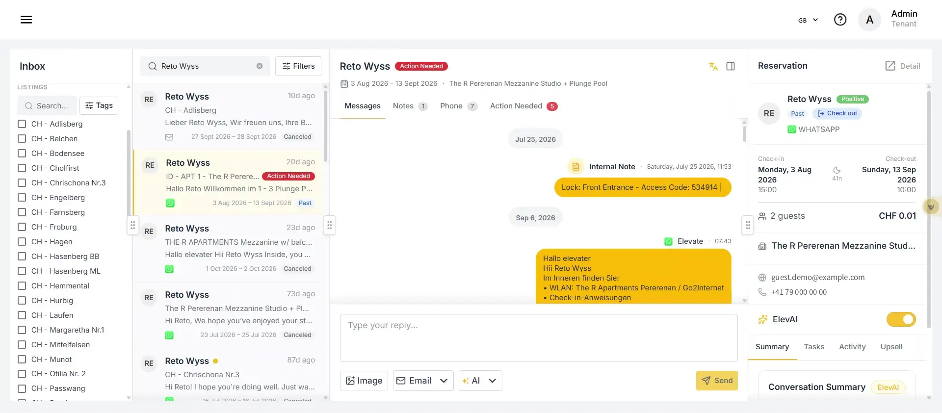 ELEV8 Inbox page showing conversation with Reto Wyss and reservation details.