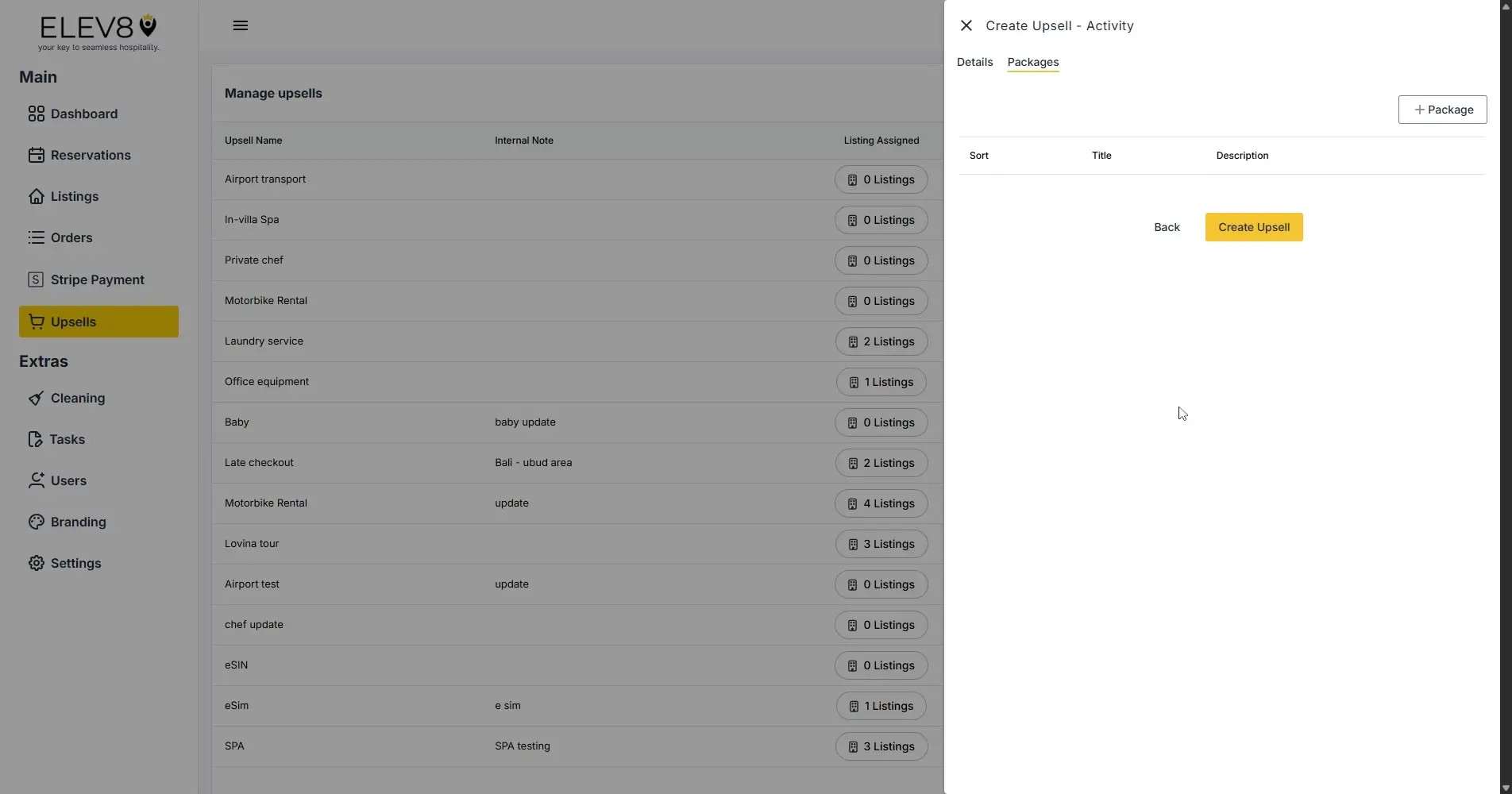 ELEV8 platform upsell management and creation interface.