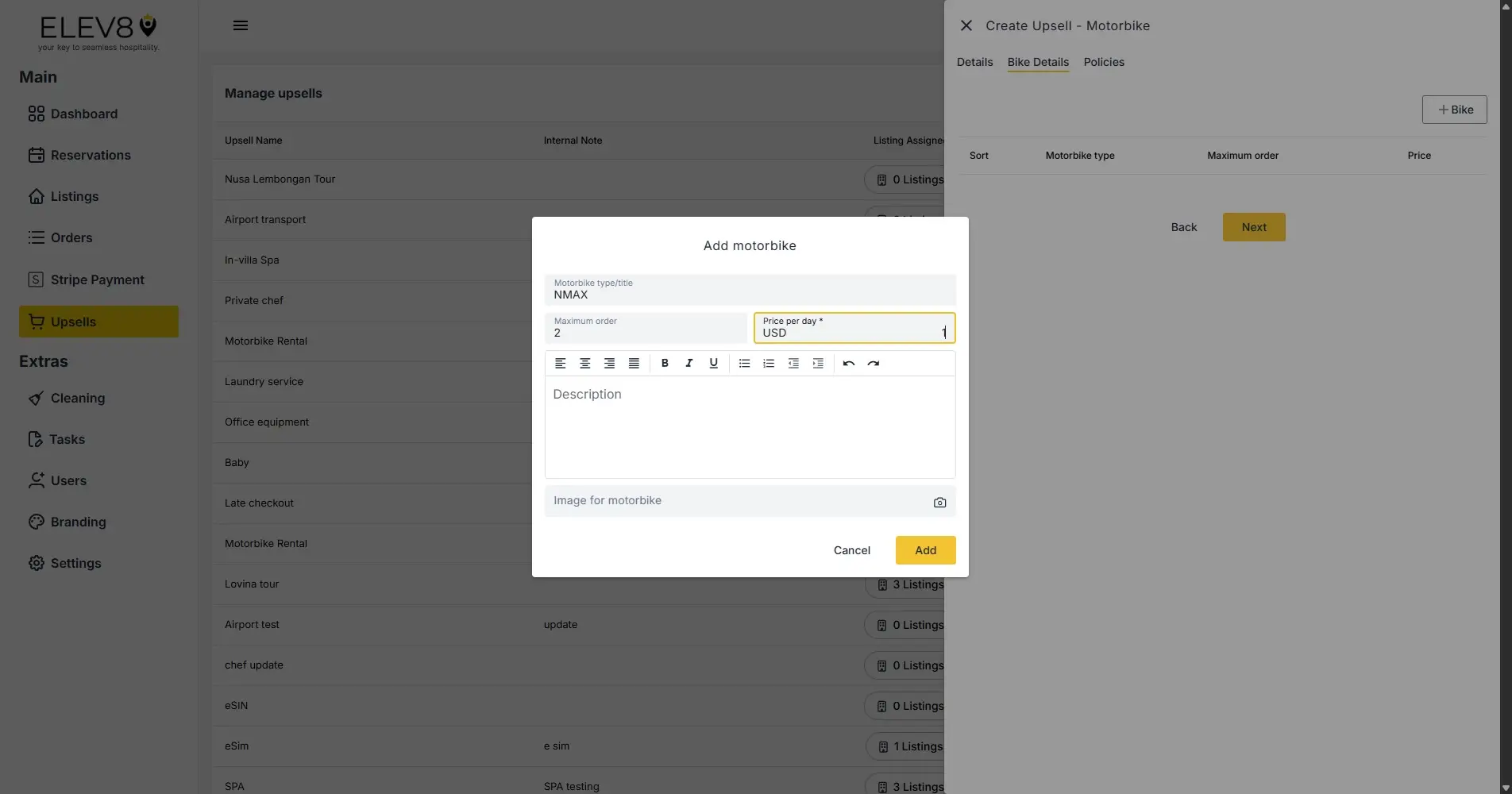 ELEV8 platform - Add motorbike upsell interface