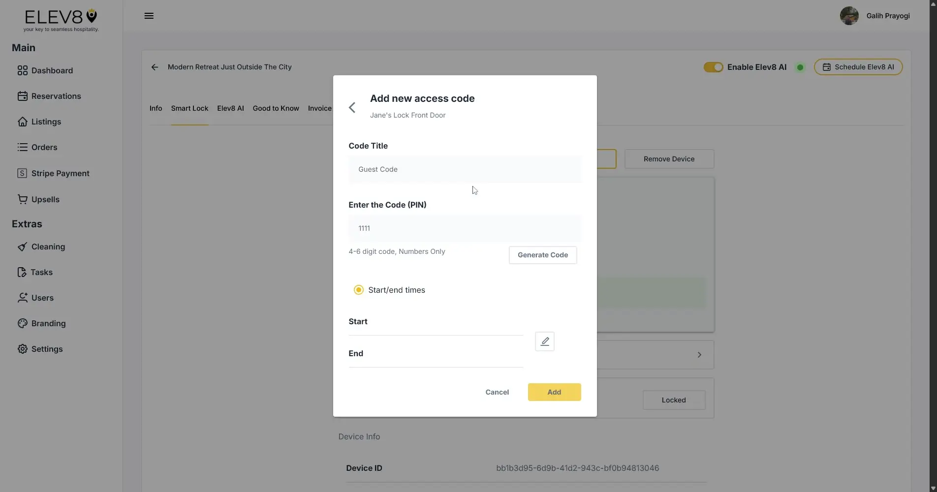 ELEV8 Add new access code screen for Jane's Lock Front Door with options to enter code title, PIN, and set start/end times.