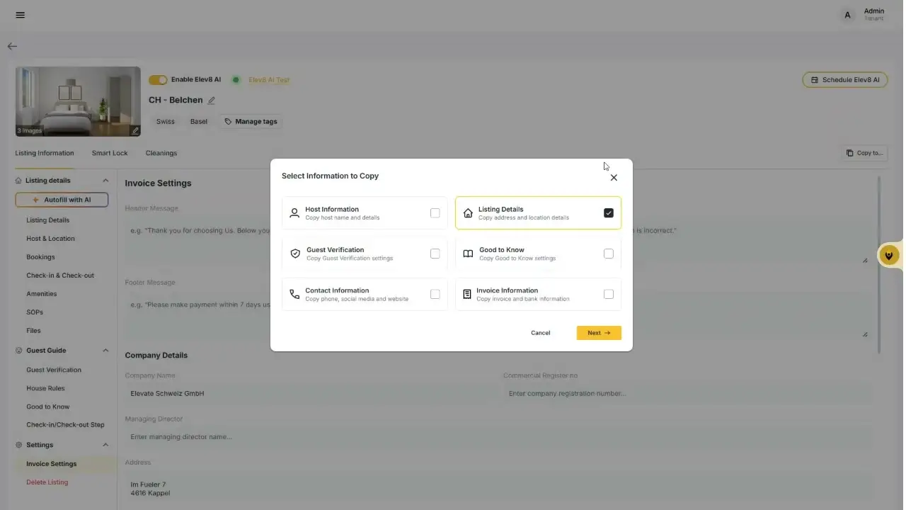 The user is presented with a modal to select information to copy. The 'Listing Details' option is pre-selected, indicating that the user intends to copy the address and location details.