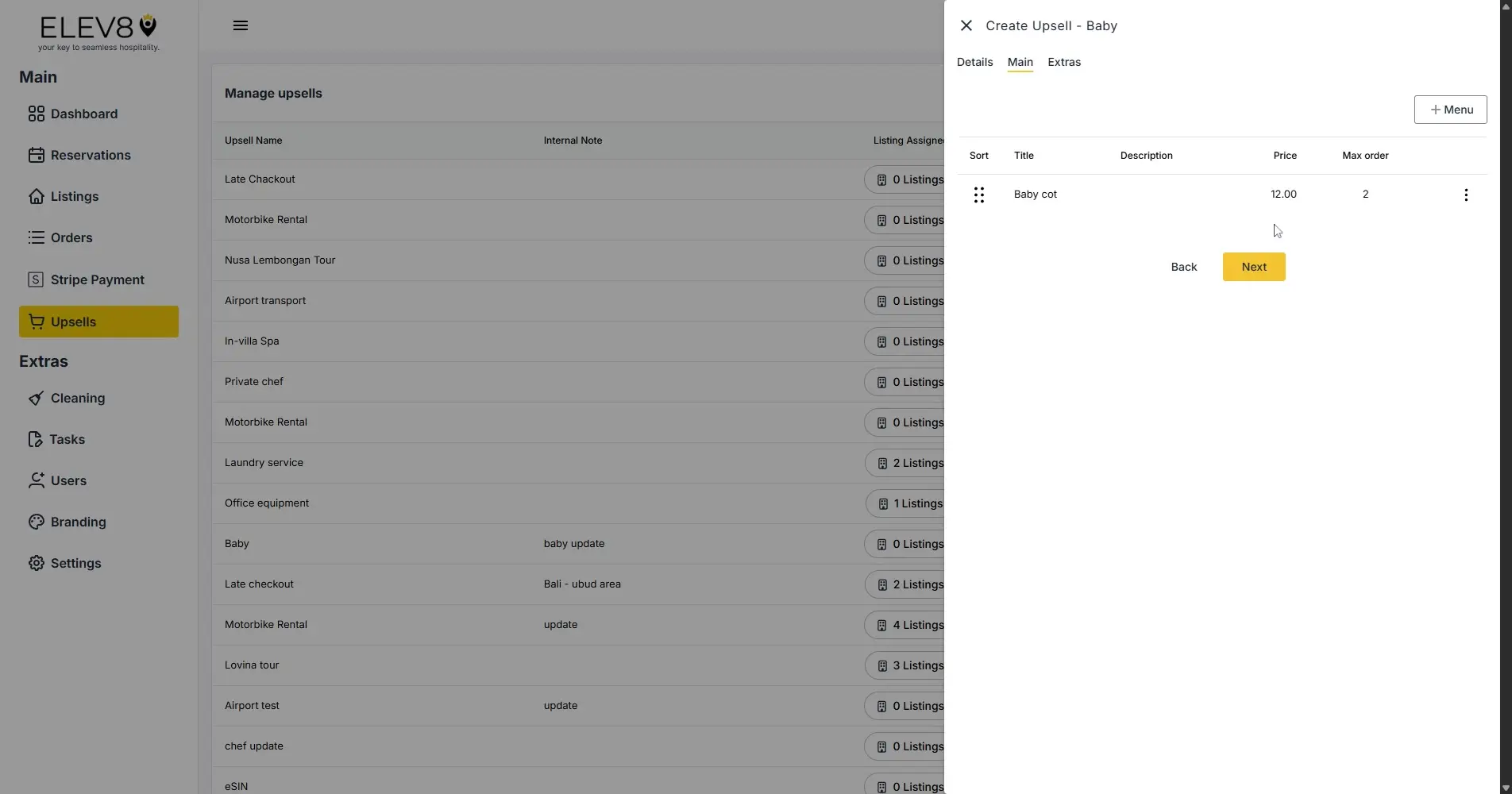 ELEV8 platform Manage Upsells section with Create Upsell panel open.