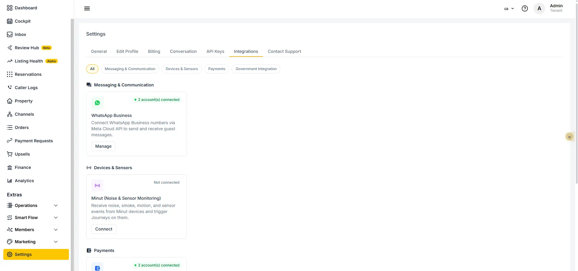 ELEV8 platform settings page showing integrations for messaging, devices, and payments.