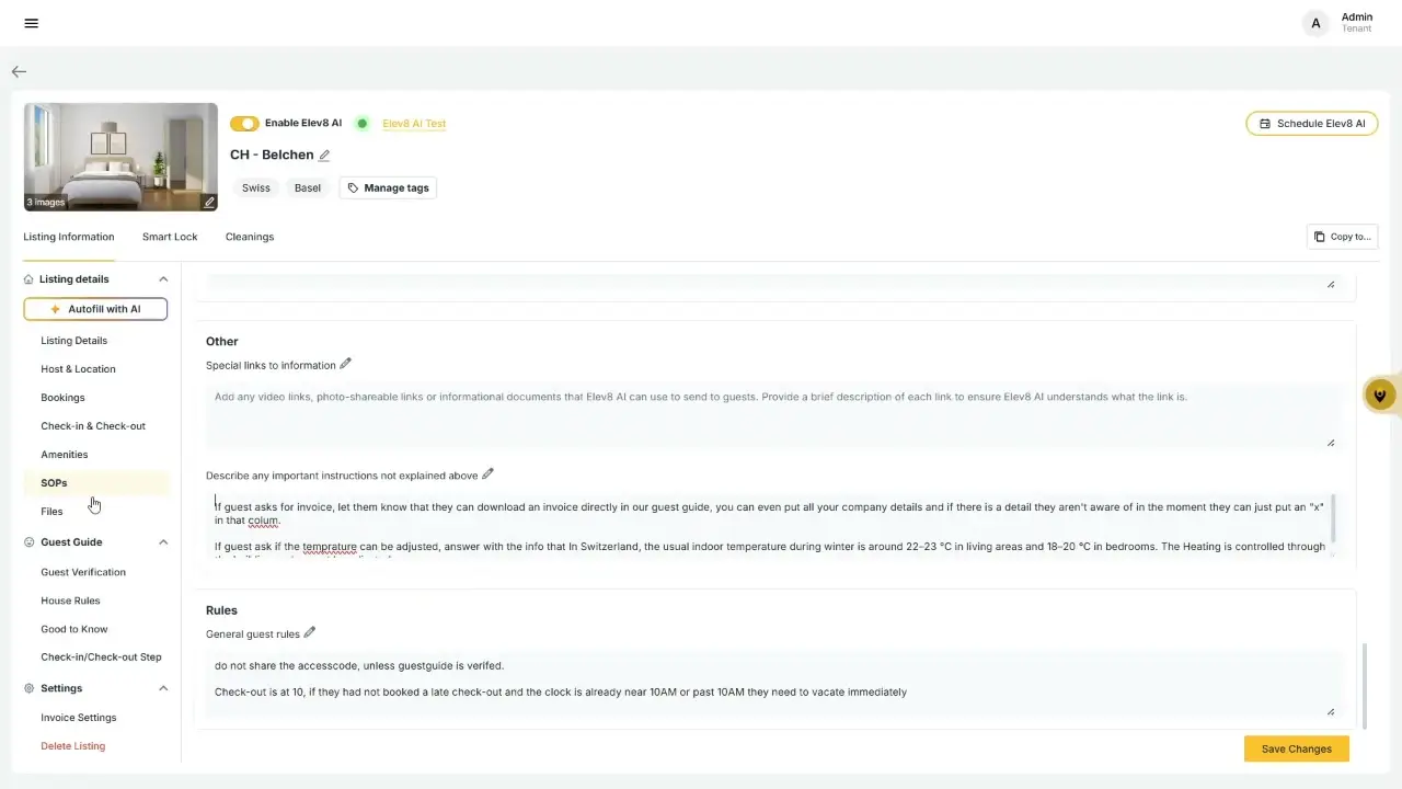 The user is on the SOPs page for a listing in CH - Belchen. They can add special links to information, describe important instructions, and set general guest rules. The page also includes options to autofill with AI and save changes.