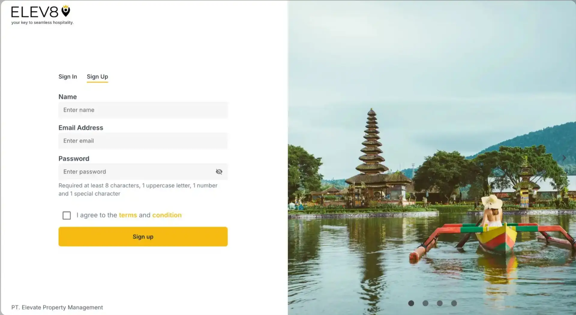 ELEV8 Signup Page with form fields for Name, Email, and Password, and a scenic image on the right.