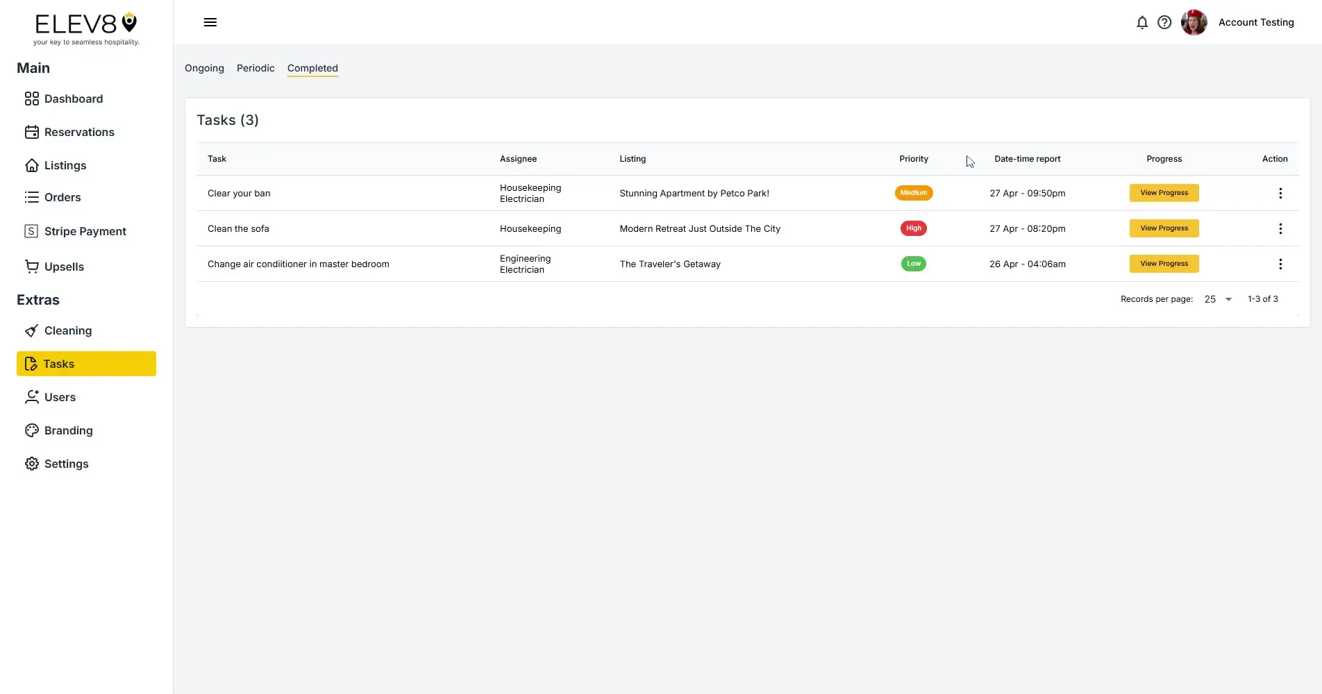 ELEV8 platform Tasks section under Completed tab showing task list with details and navigation menu.
