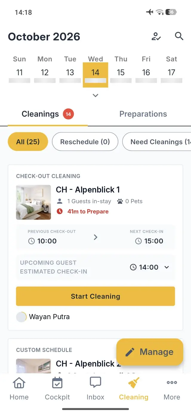 Elev8 Go app Cleanings section for October 14, 2026, showing cleaning tasks and schedule.
