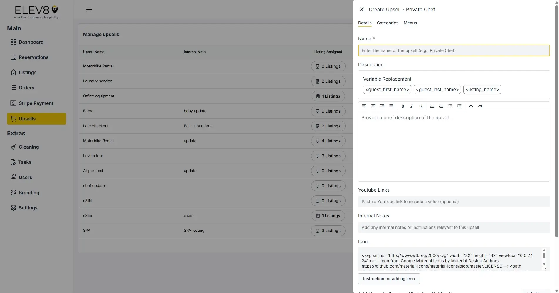 ELEV8 platform Manage Upsells and Create Upsell form interface