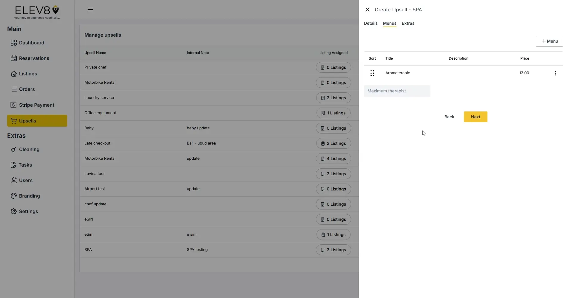 ELEV8 platform Manage Upsells and Create Upsell SPA interface