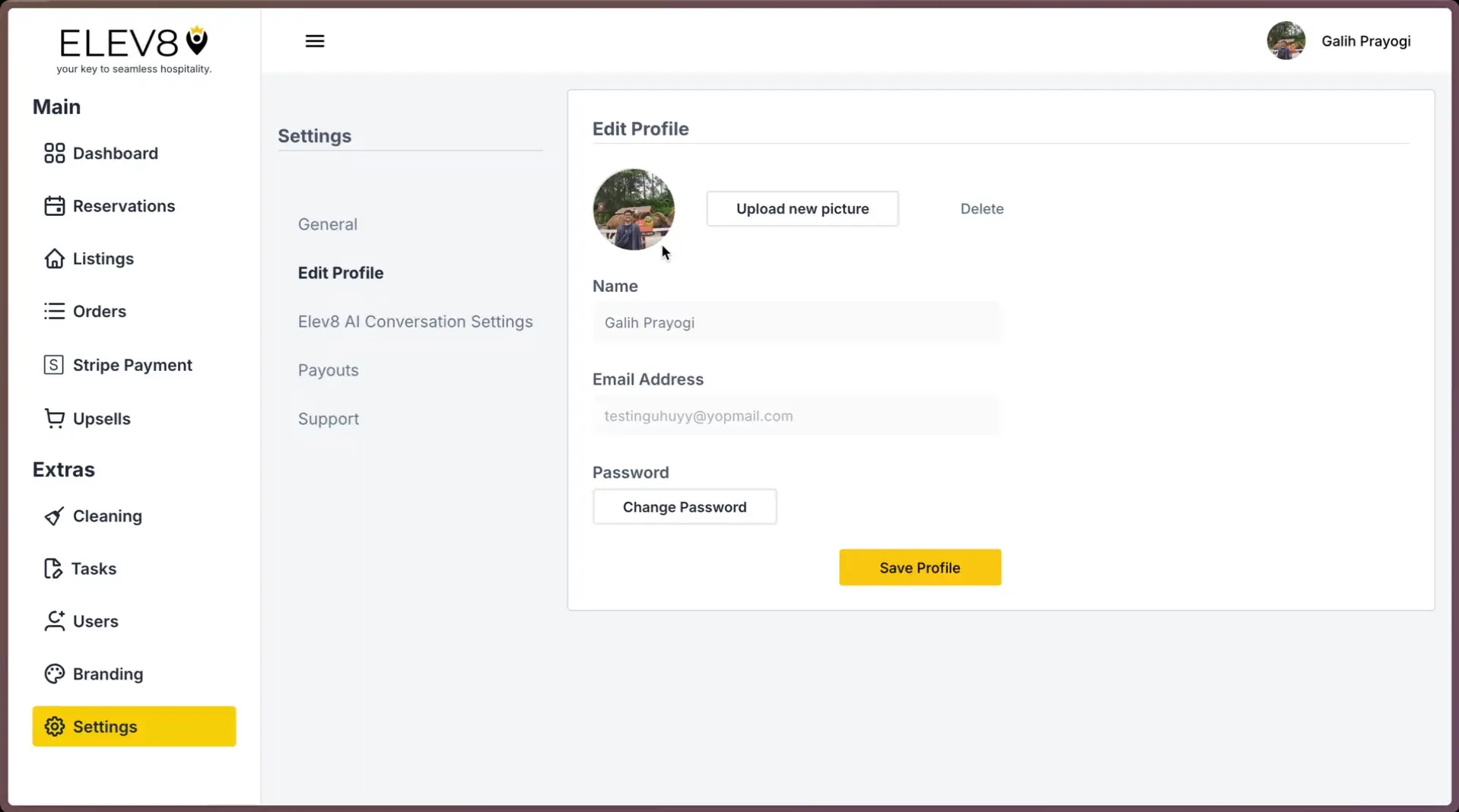 ELEV8 application settings page showing the Edit Profile section.