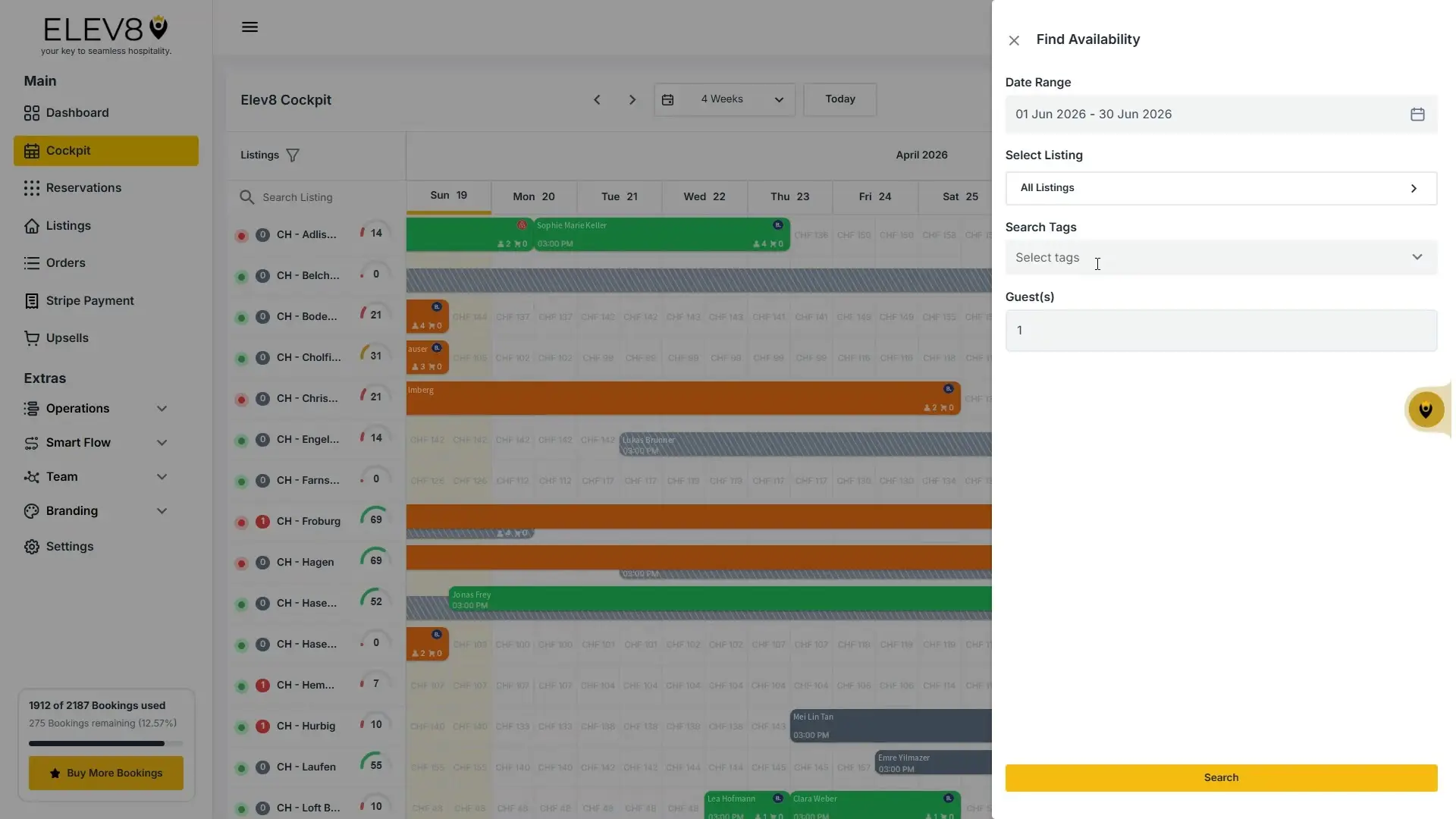 ELEV8 Cockpit Find Availability interface with calendar and search options.