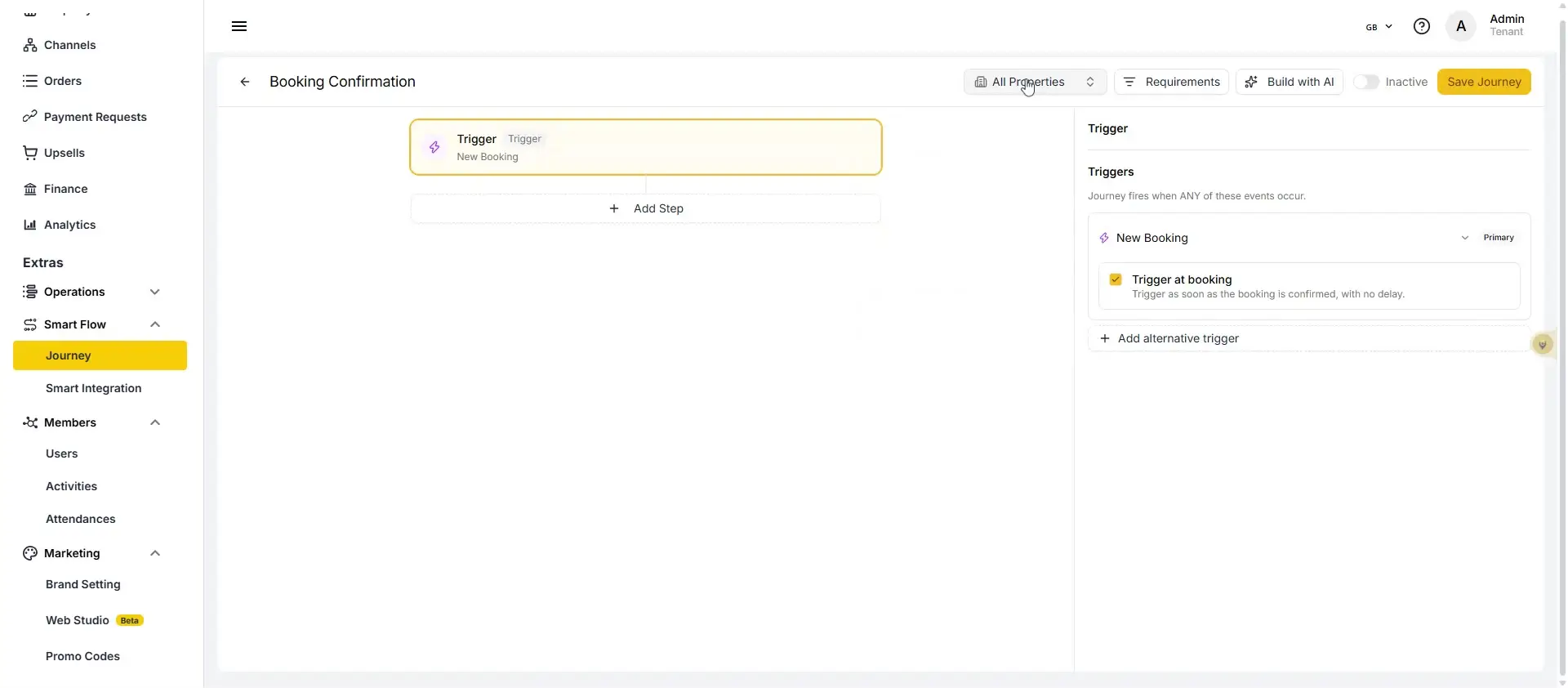 The user is configuring a booking confirmation journey. They have selected 'New Booking' as the trigger and have chosen 'Trigger at booking' which means the journey will activate immediately after a booking is confirmed.