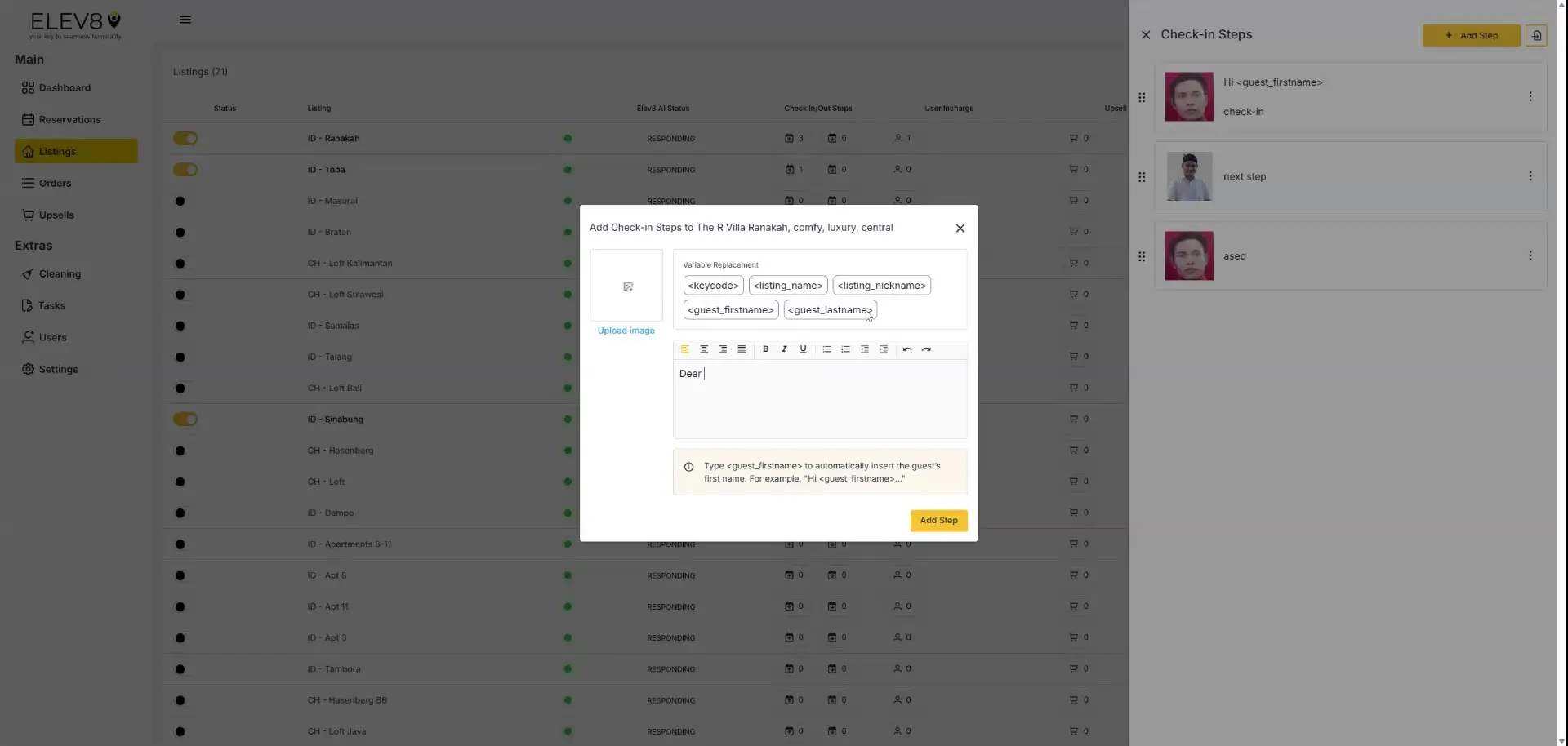 ELEV8 Listings page with Add Check-in Steps pop-up for R Villa Ranakah.