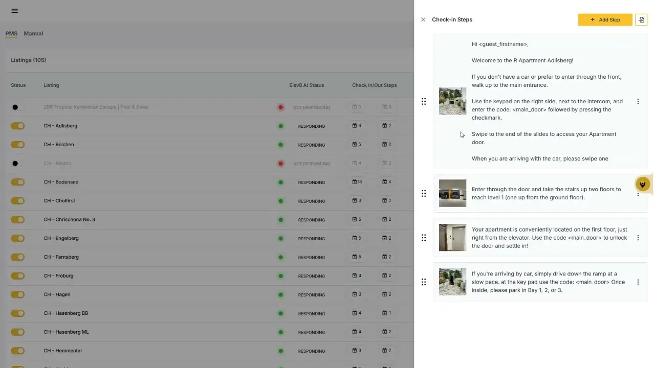 The user is viewing the check-in steps for an apartment listing. The steps include instructions for entering the apartment, using a keypad, and parking if arriving by car.