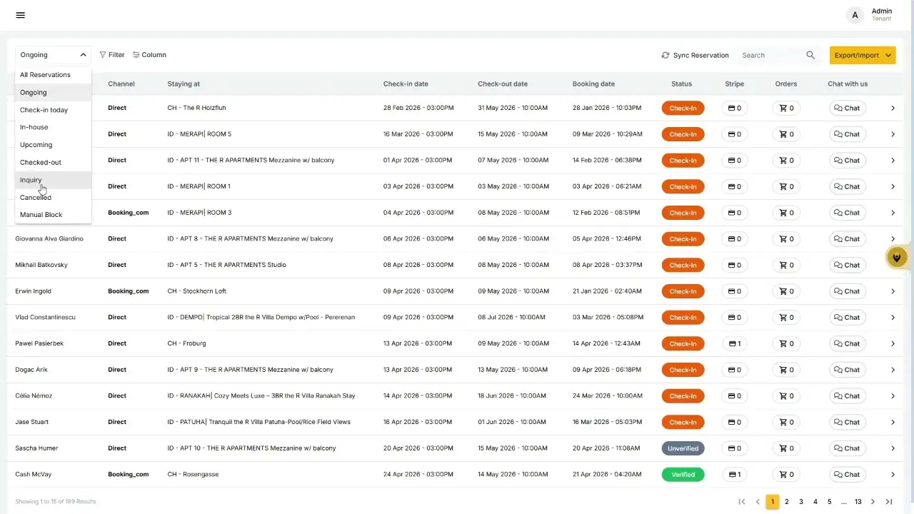 The user has selected the 'Inquiry' filter from the left-hand navigation menu. This action filters the displayed reservations to show only those that are currently in an inquiry status.