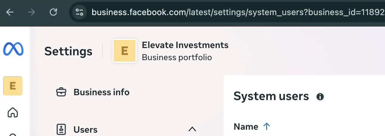 The user is on the settings page for Elevate Investments, a business portfolio. They are currently viewing the 'System users' section, with options to manage business info and users.