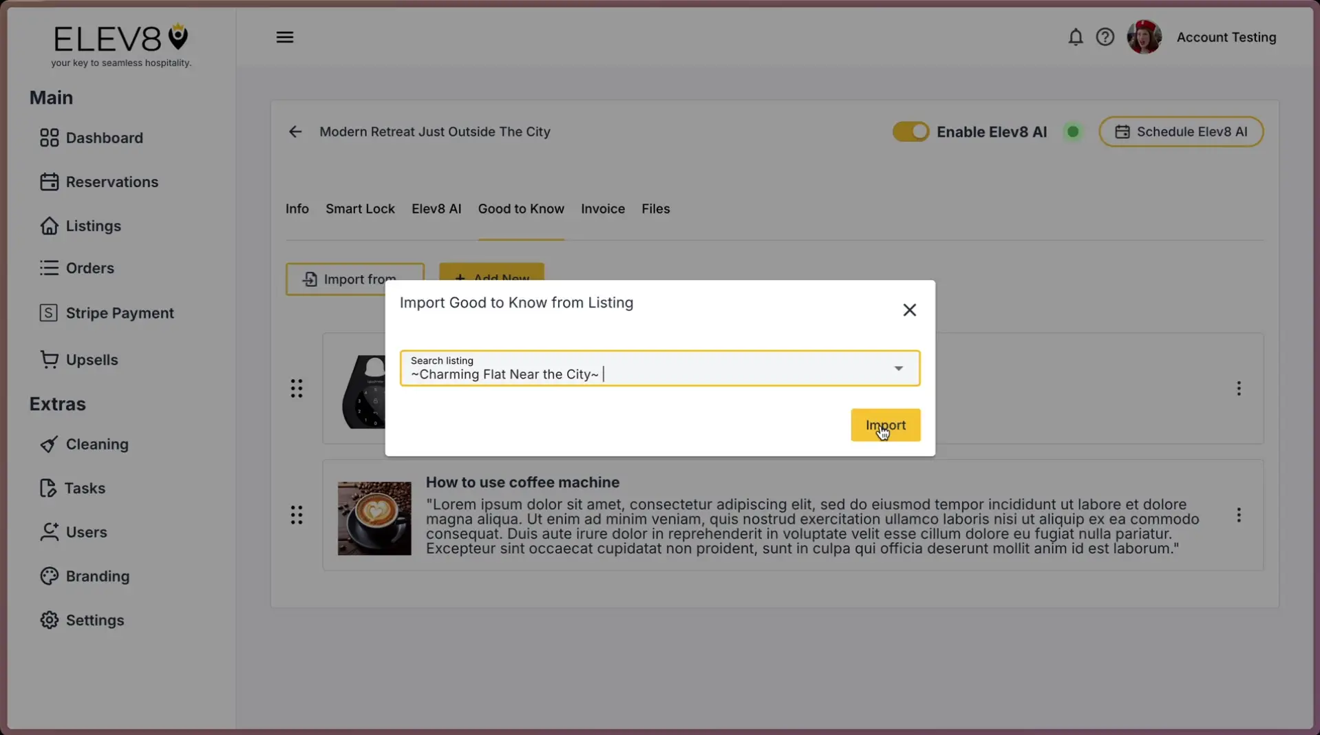 ELEV8 platform Listings section with Import Good to Know from Listing pop-up