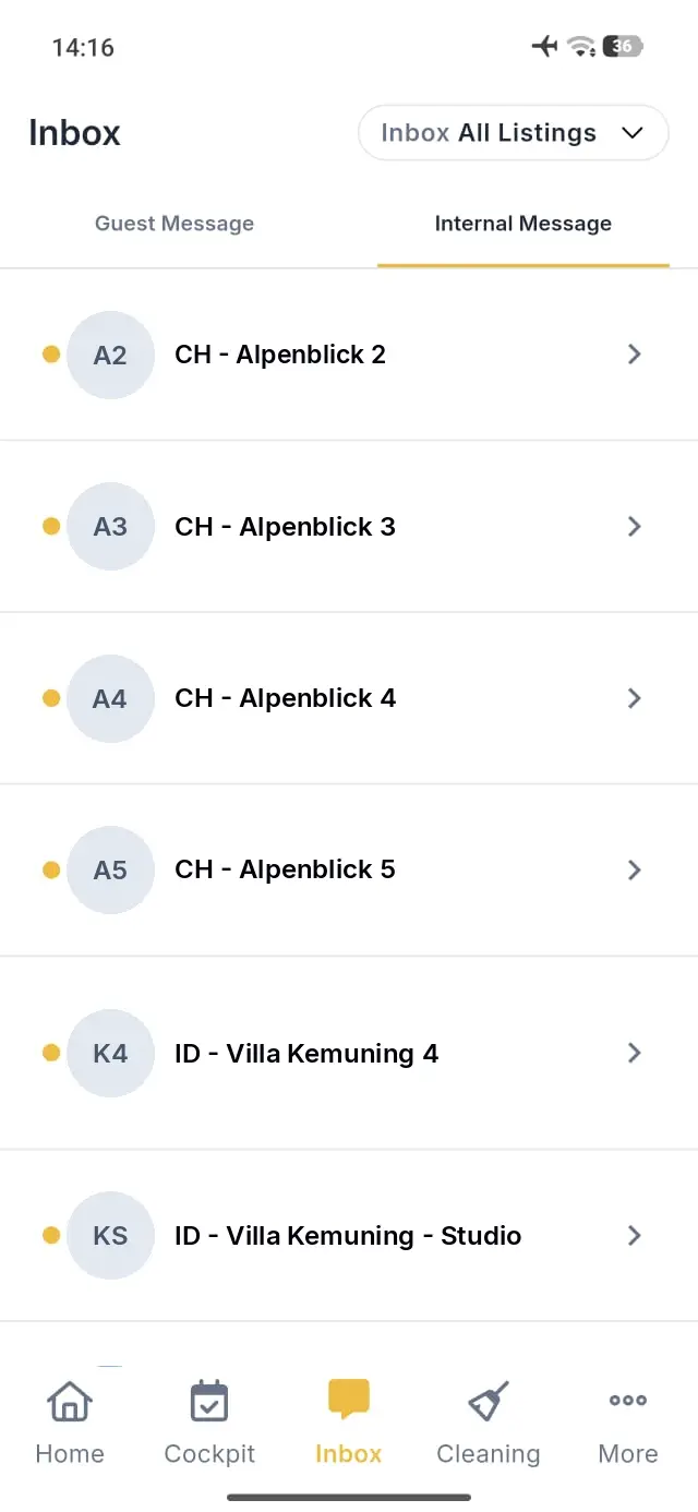 Elev8 Go mobile app Inbox screen showing internal messages.