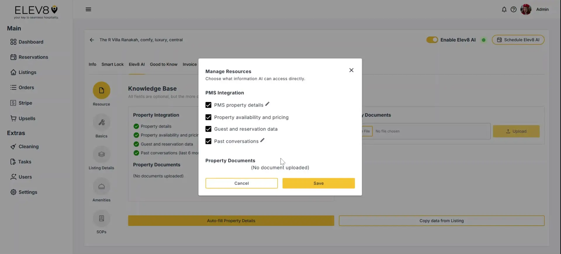ELEV8 platform Manage Resources pop-up in Knowledge Base section with PMS Integration options.