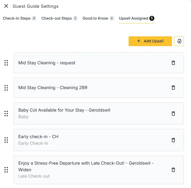 ELEV8 Guest Guide Settings - Upsell Assigned section with list of upsells