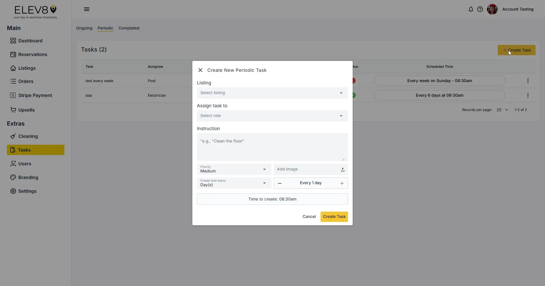 ELEV8 Tasks section with Create New Periodic Task dialog open