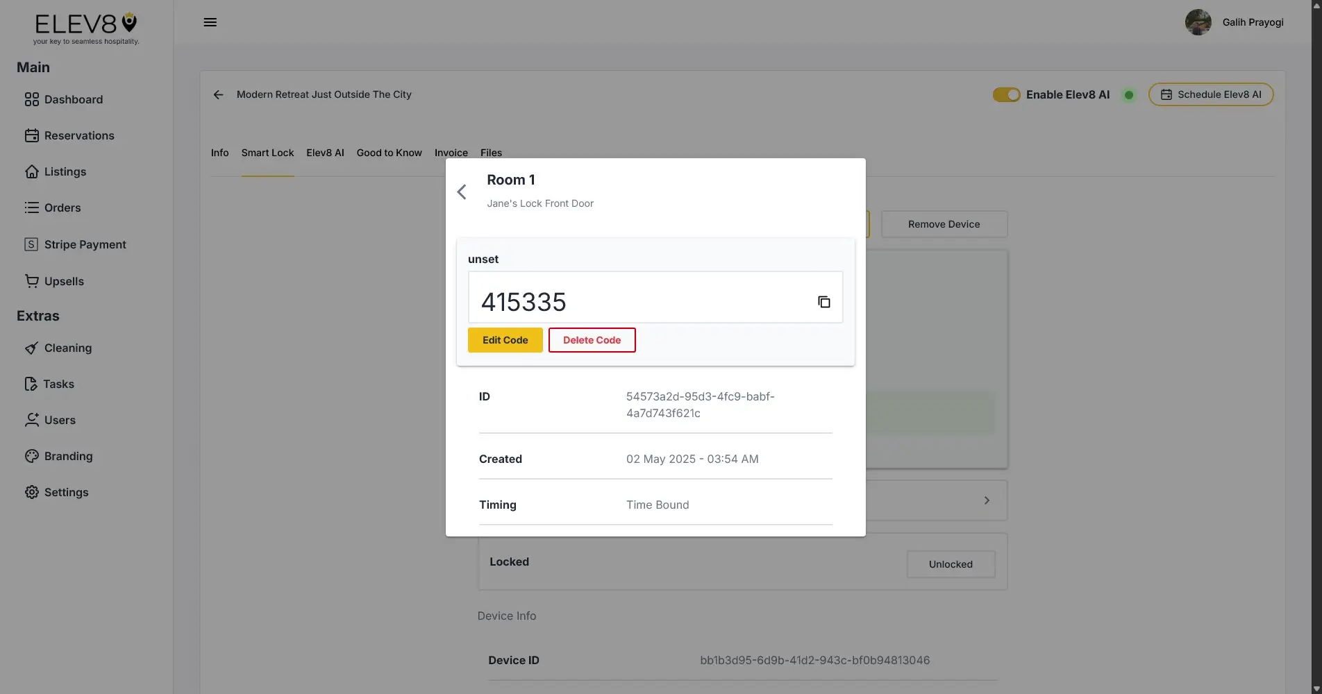 ELEV8 platform interface showing Smart Lock access code management for Room 1.