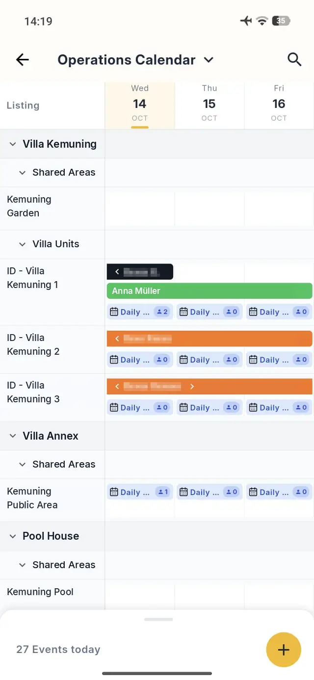 Elev8 Go mobile app Operations Calendar screen showing property listings and events for October 14th.