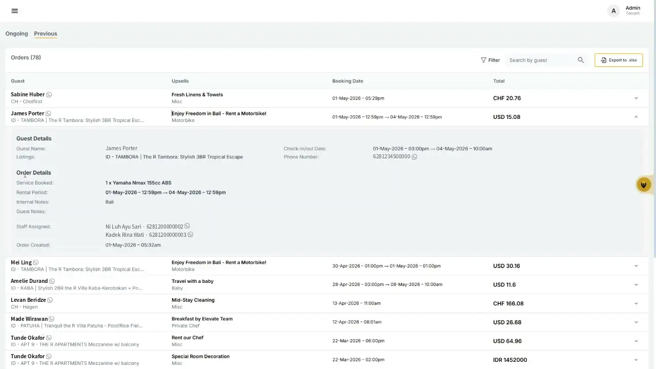 ELEV8 Orders Page showing ongoing and previous orders with details for each order, including guest names, upsells, booking dates, and totals.
