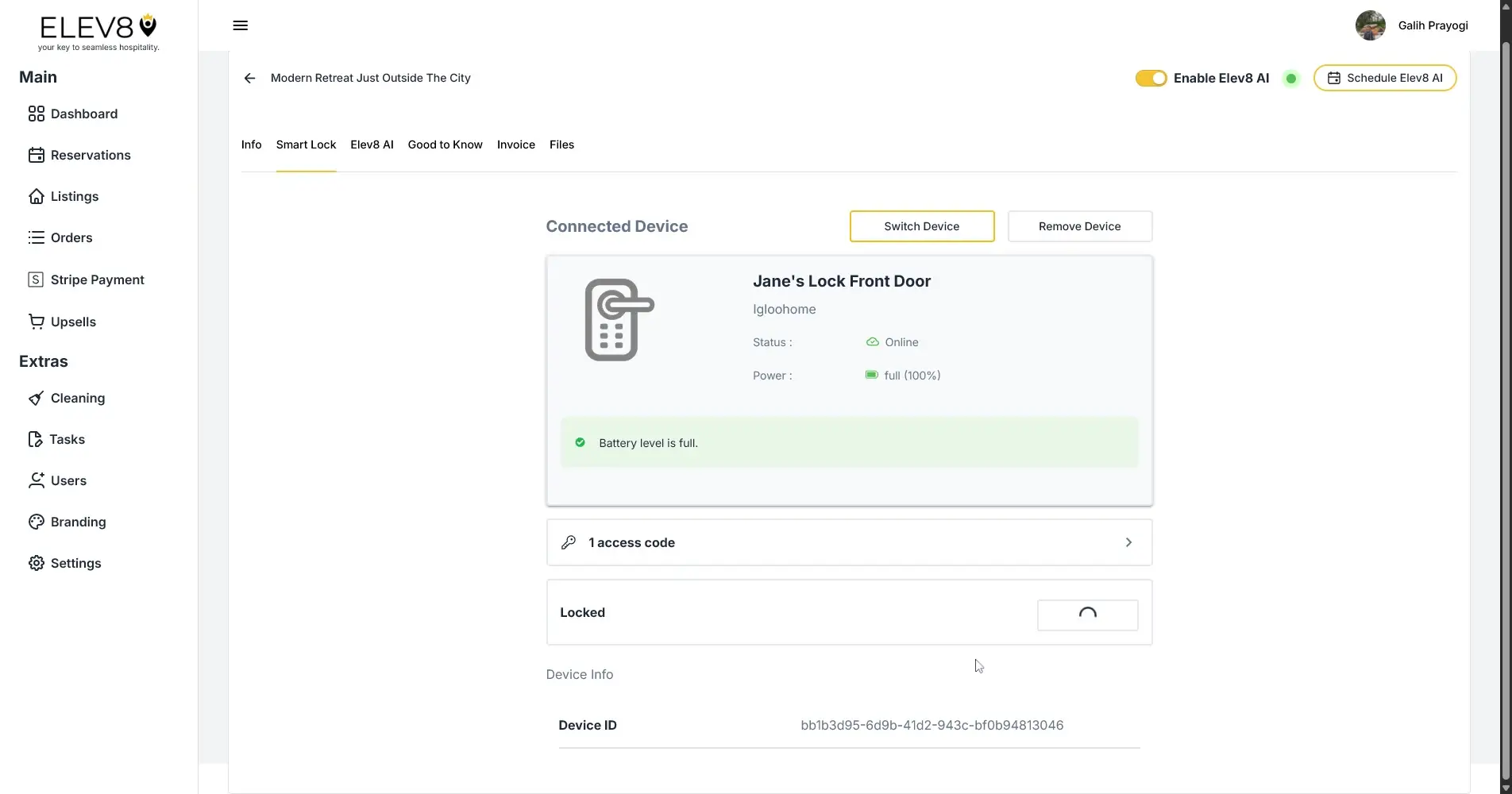 ELEV8 platform Smart Lock settings for Jane's Lock Front Door showing device status and options.