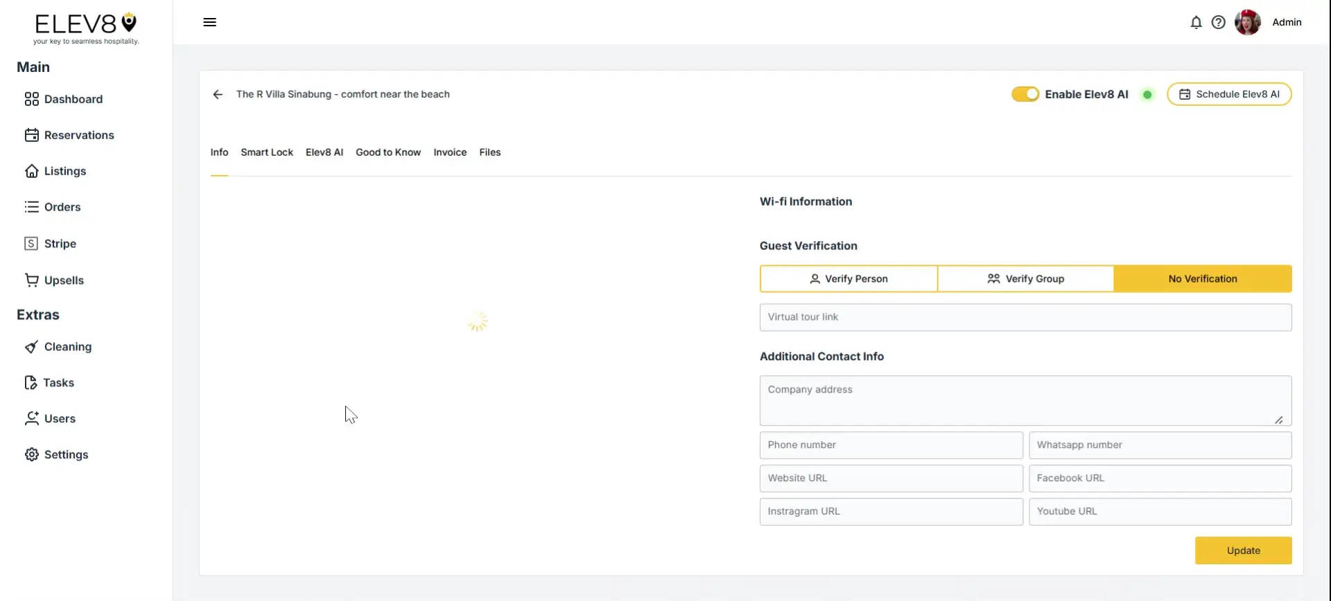 ELEV8 Listings page showing guest verification and contact info fields.