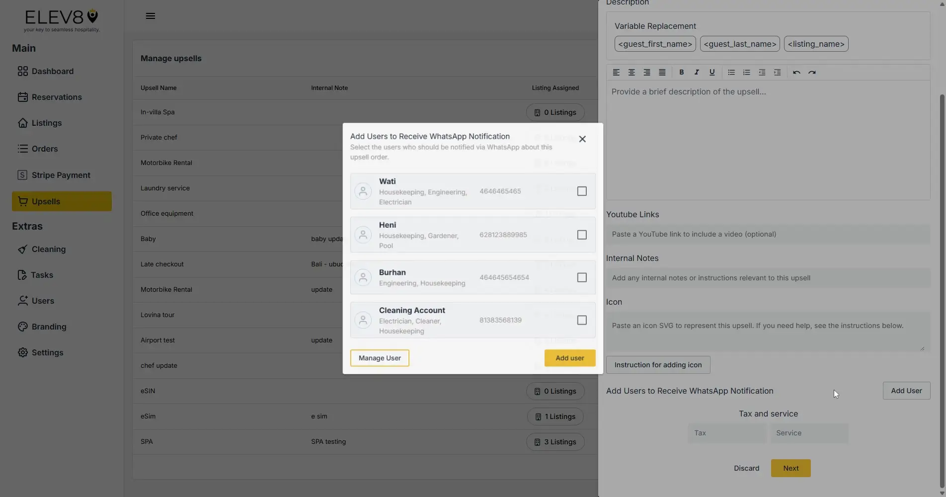 ELEV8 platform Manage upsells screen with Add Users to Receive WhatsApp Notification pop-up.