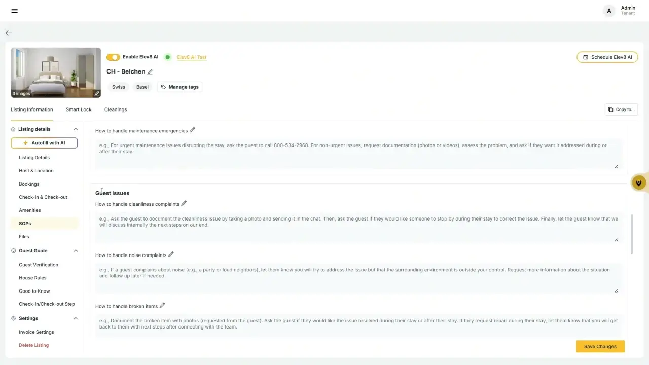 The user is viewing the SOPs (Standard Operating Procedures) for the ELEV8 product, specifically for the CH - Belchen listing. They can see and edit procedures for handling maintenance emergencies, guest issues like cleanliness complaints, noise, and broken items.