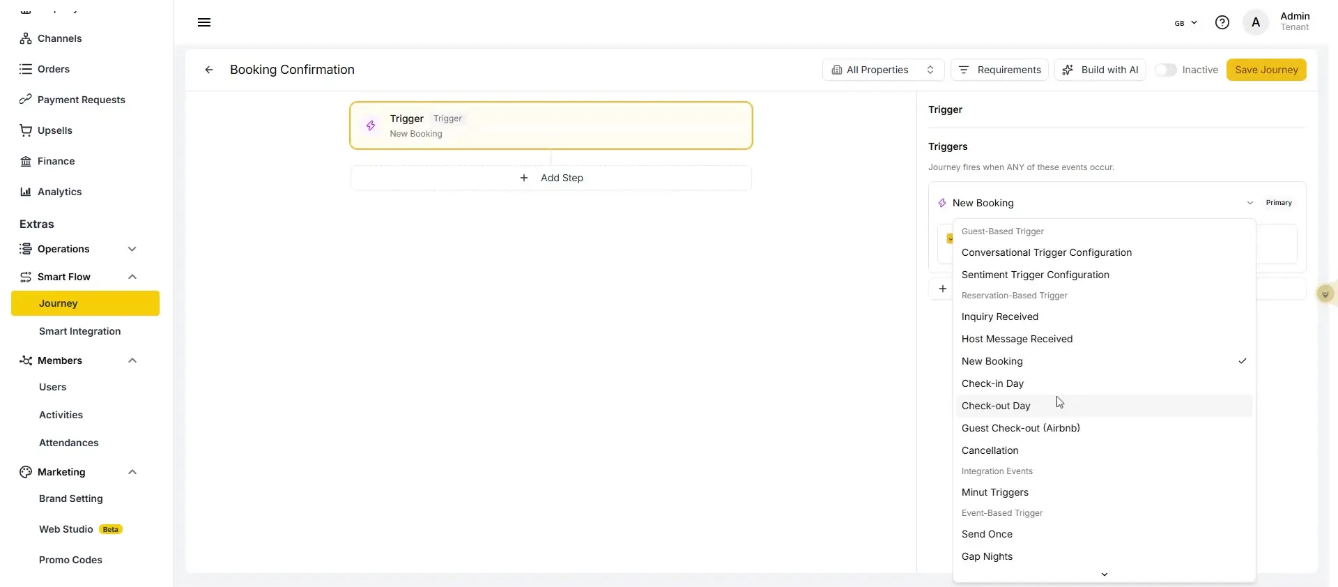The user is configuring a booking confirmation journey. They have selected 'Check-out Day' as a trigger event from a dropdown menu, indicating that the journey will activate on the day of the guest's checkout.
