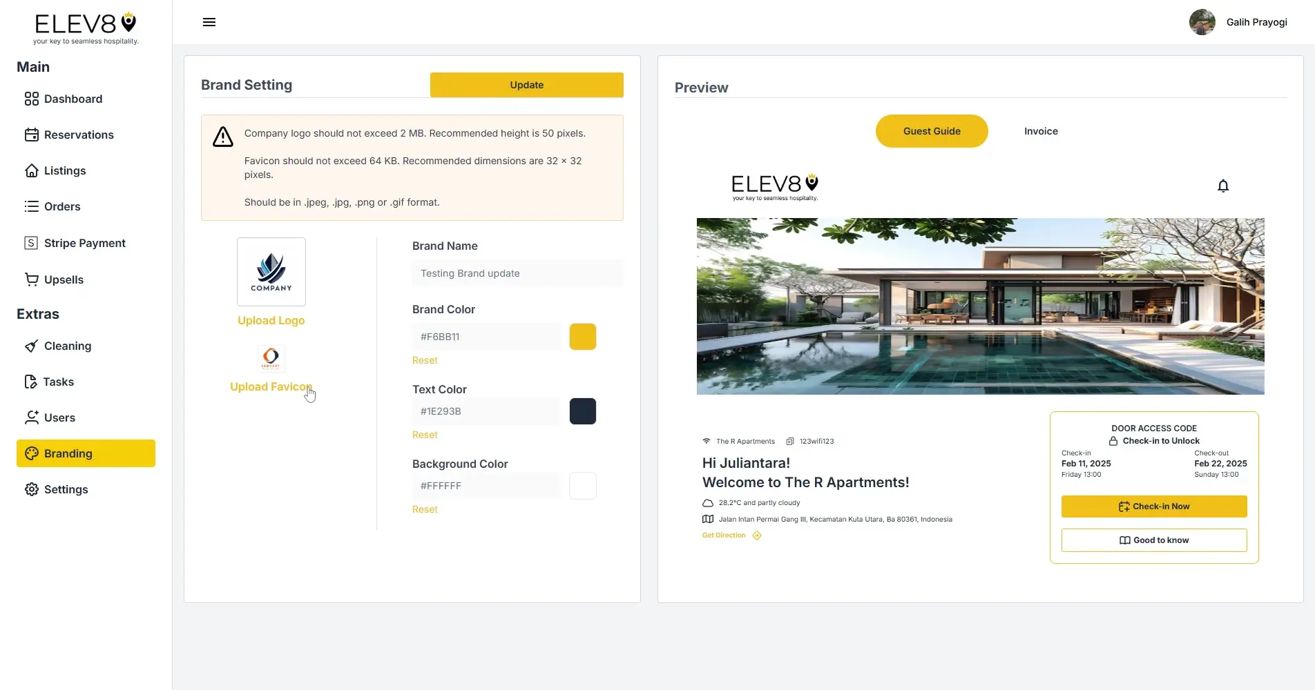 ELEV8 Branding Settings and Preview Page