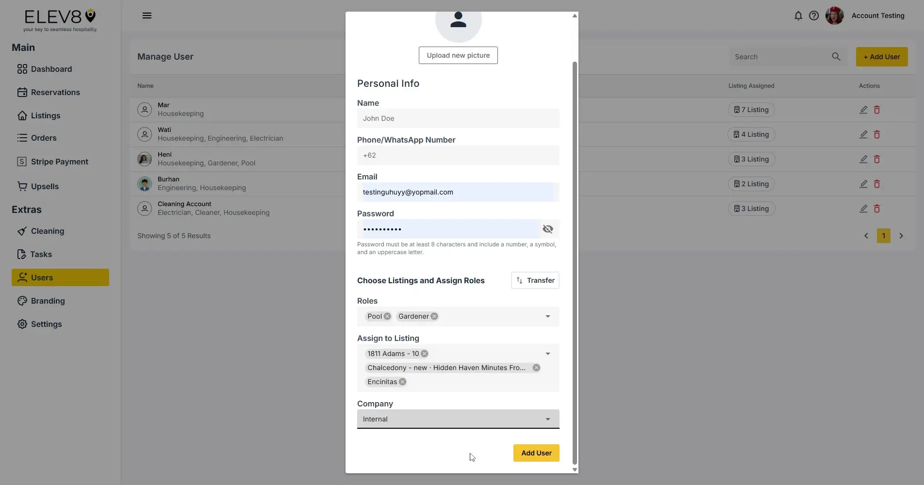 ELEV8 Manage User interface with user list and user detail form.