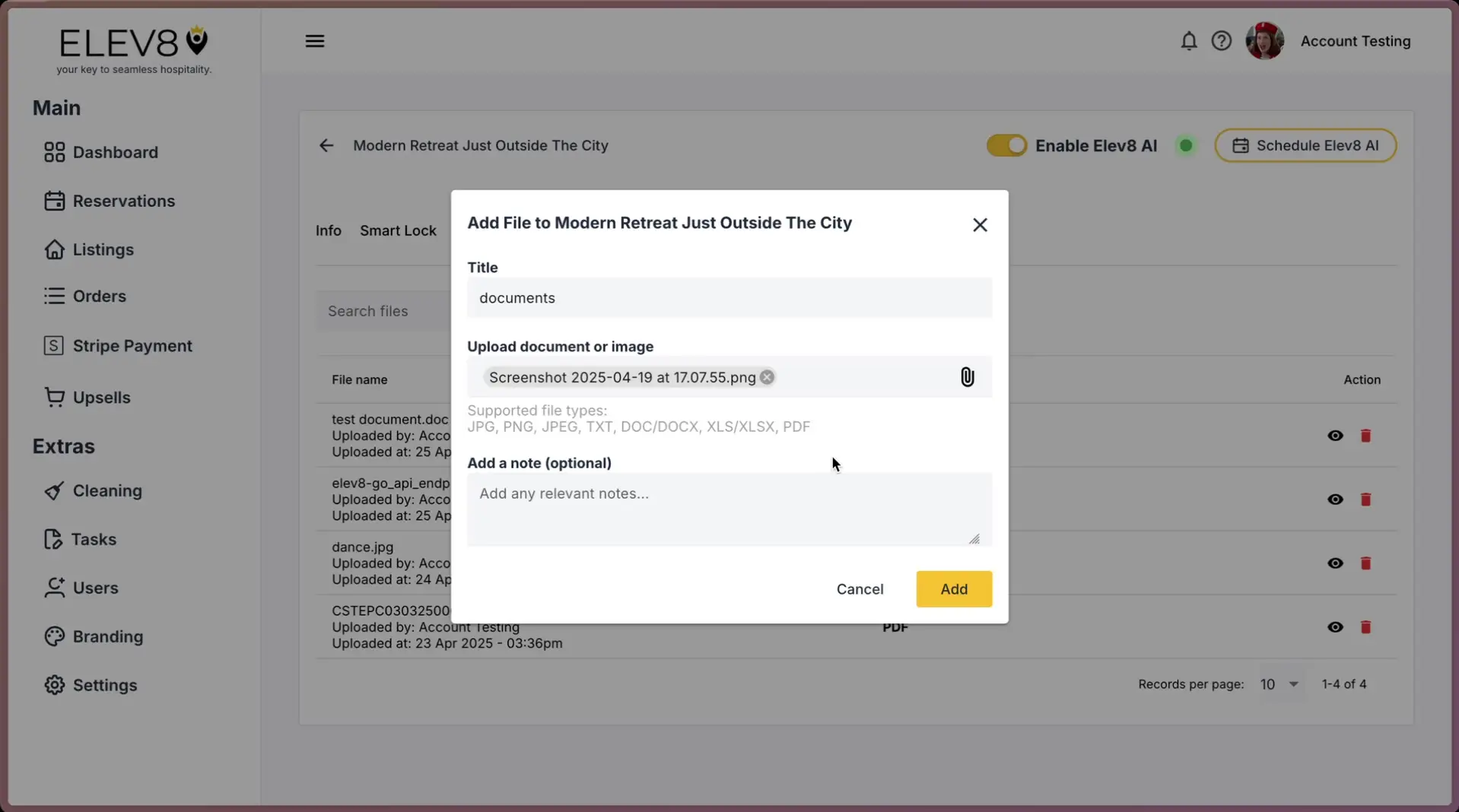 ELEV8 platform Listings section with Add File modal open.