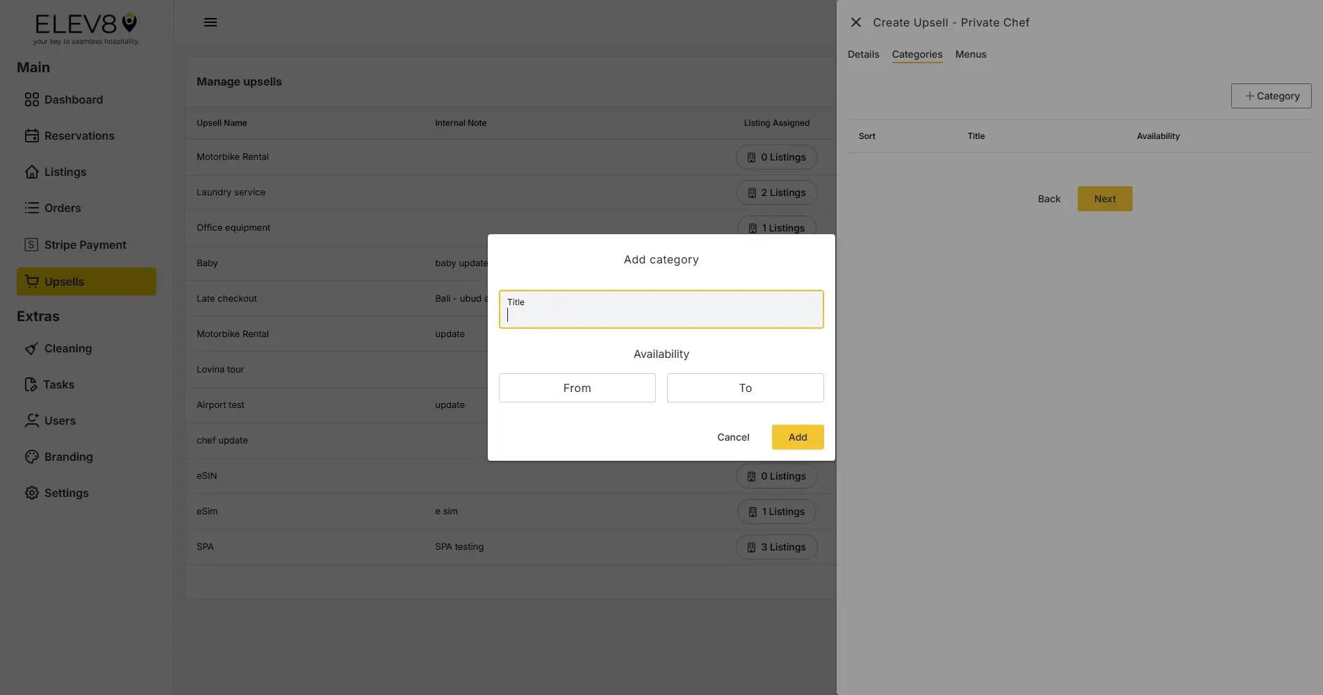 ELEV8 platform manage upsells screen with add category modal open.