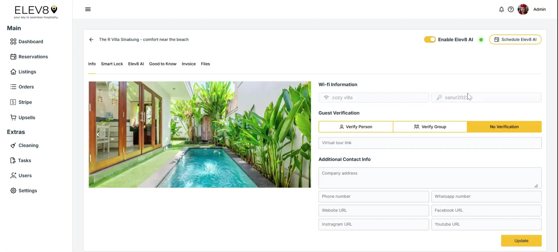 ELEV8 Listings page for The R Villa Sinabung with guest verification and contact info options.