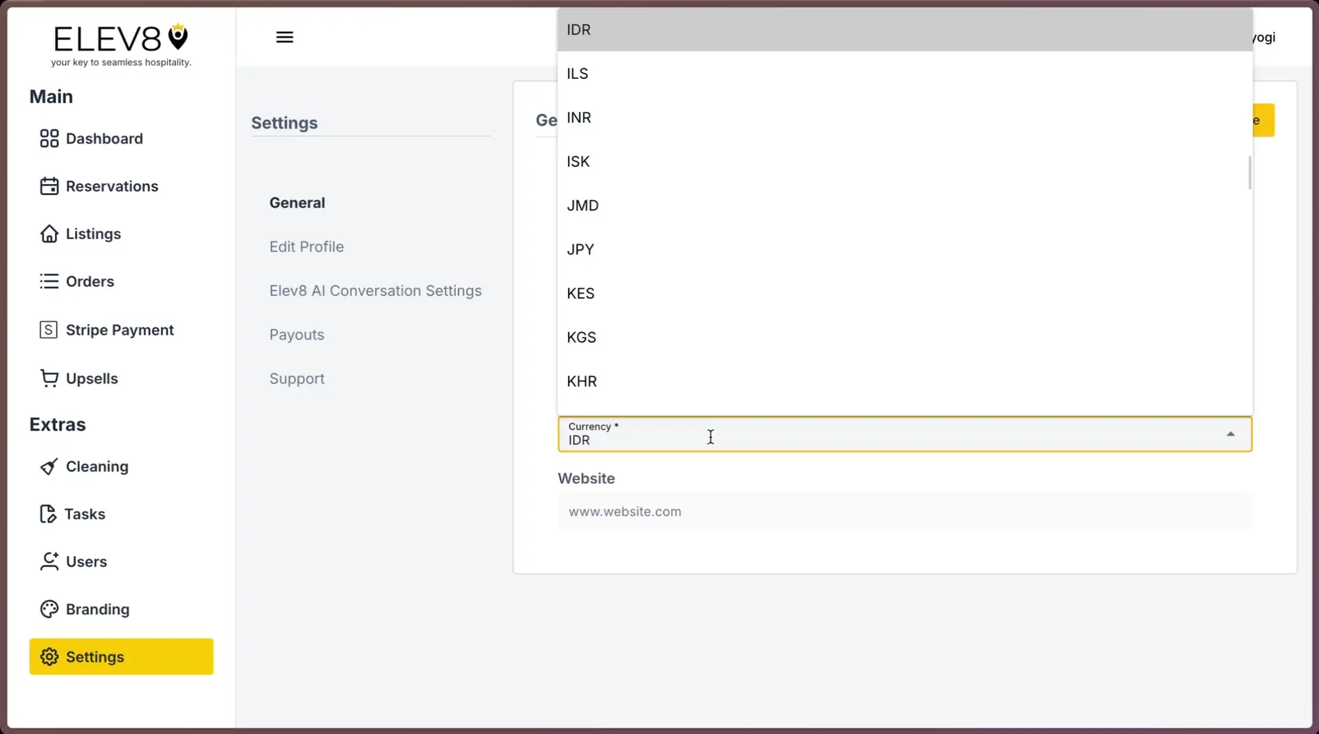 ELEV8 Settings page showing currency selection dropdown under General settings.