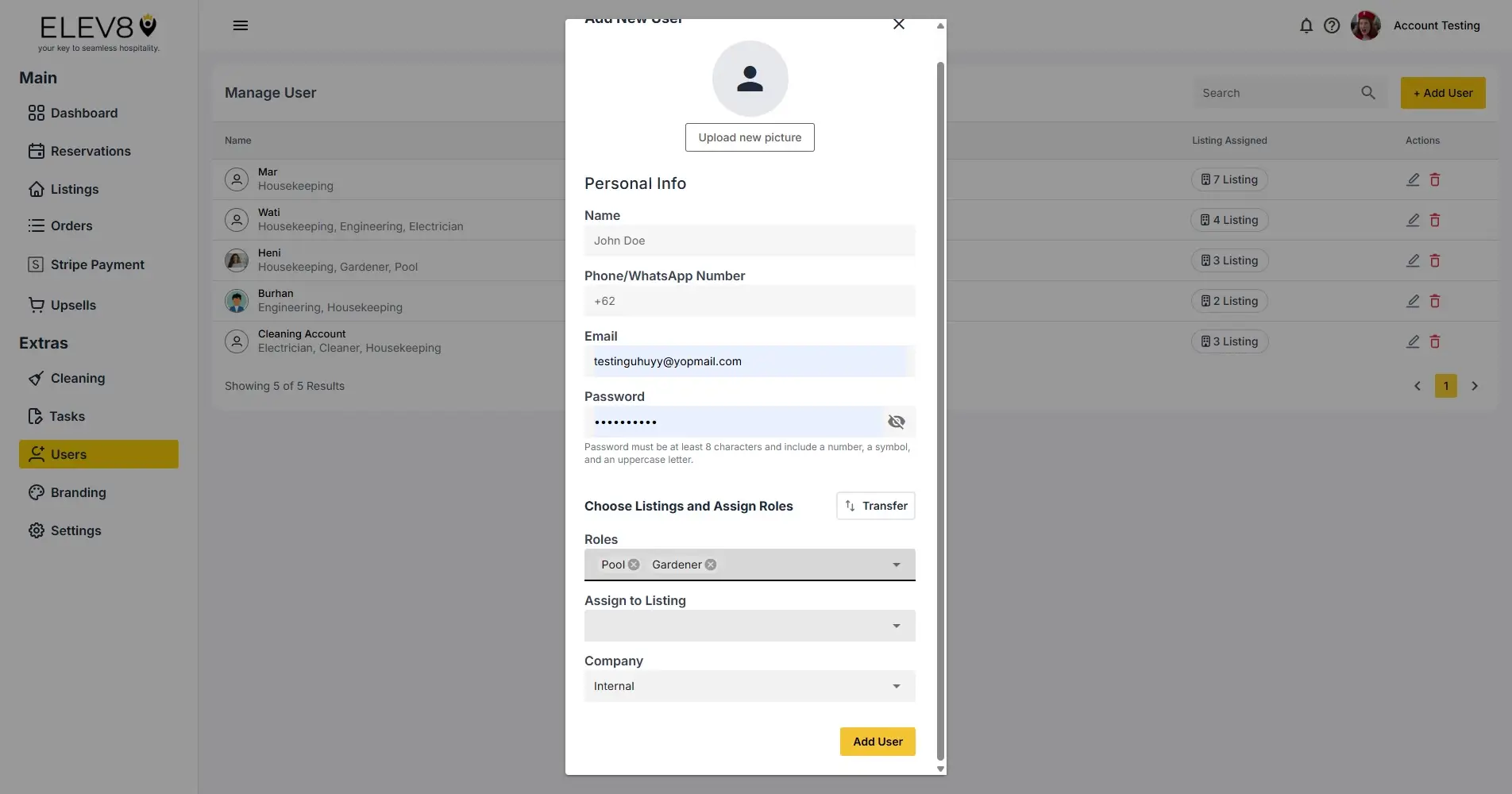 ELEV8 Manage User interface with Add New User form open.
