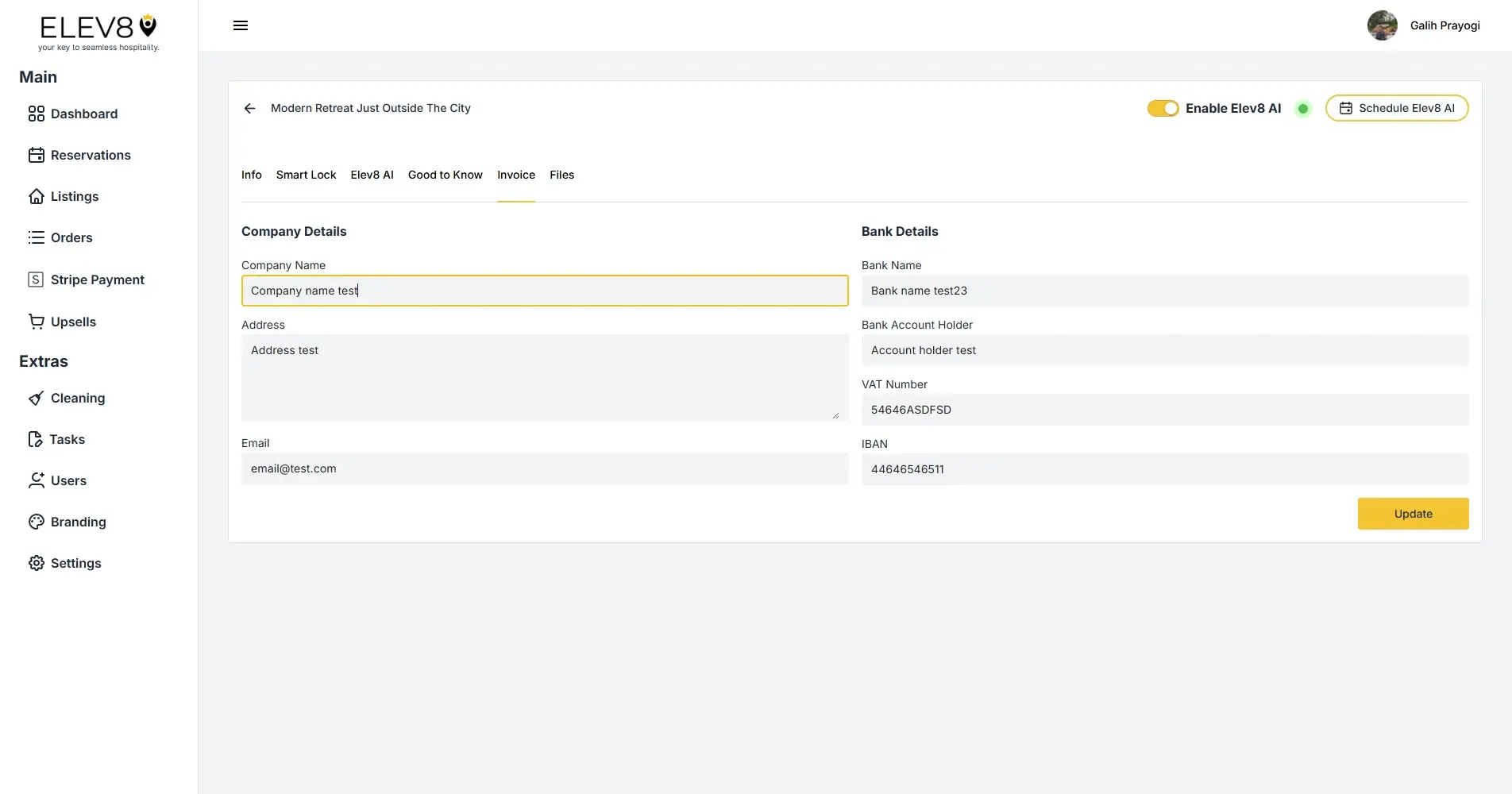 ELEV8 Listings section showing company and bank details form.