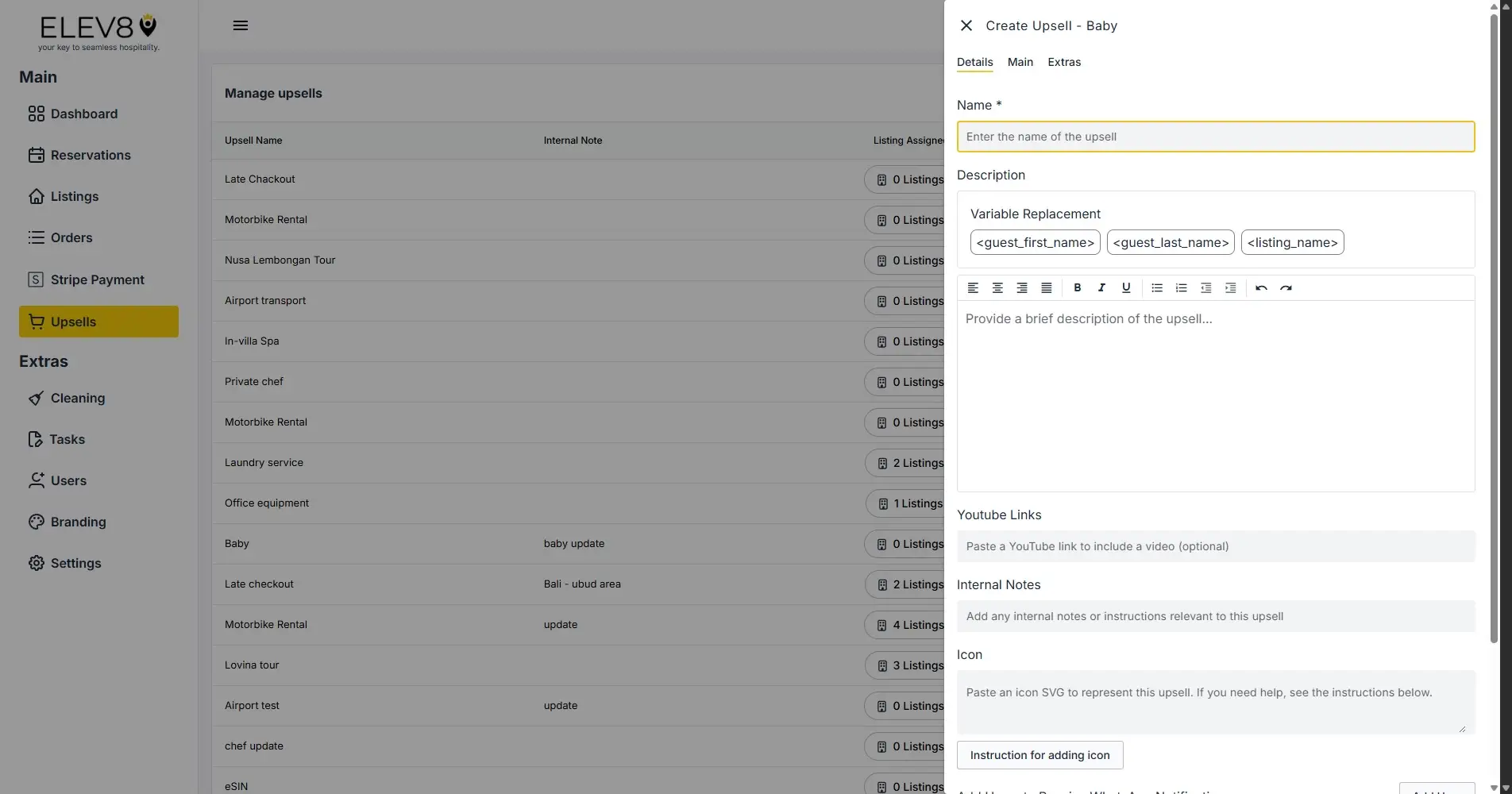 ELEV8 platform Create Upsell interface with navigation menu and upsell creation form.