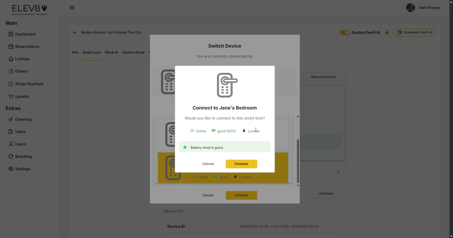 ELEV8 application pop-up for connecting to Jane's Bedroom smart lock