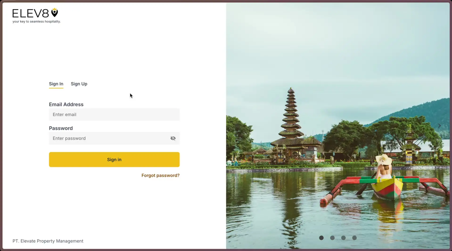 ELEV8 login screen with email and password fields, sign in button, and scenic image of a pagoda and boat.