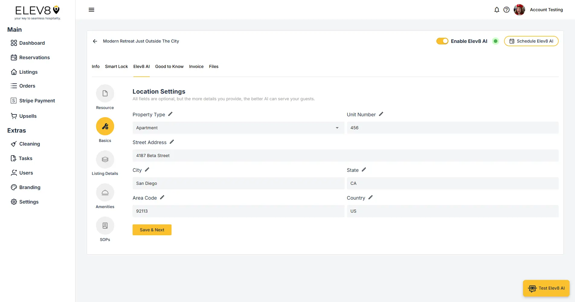 ELEV8 AI Location Settings page for Modern Retreat Just Outside The City