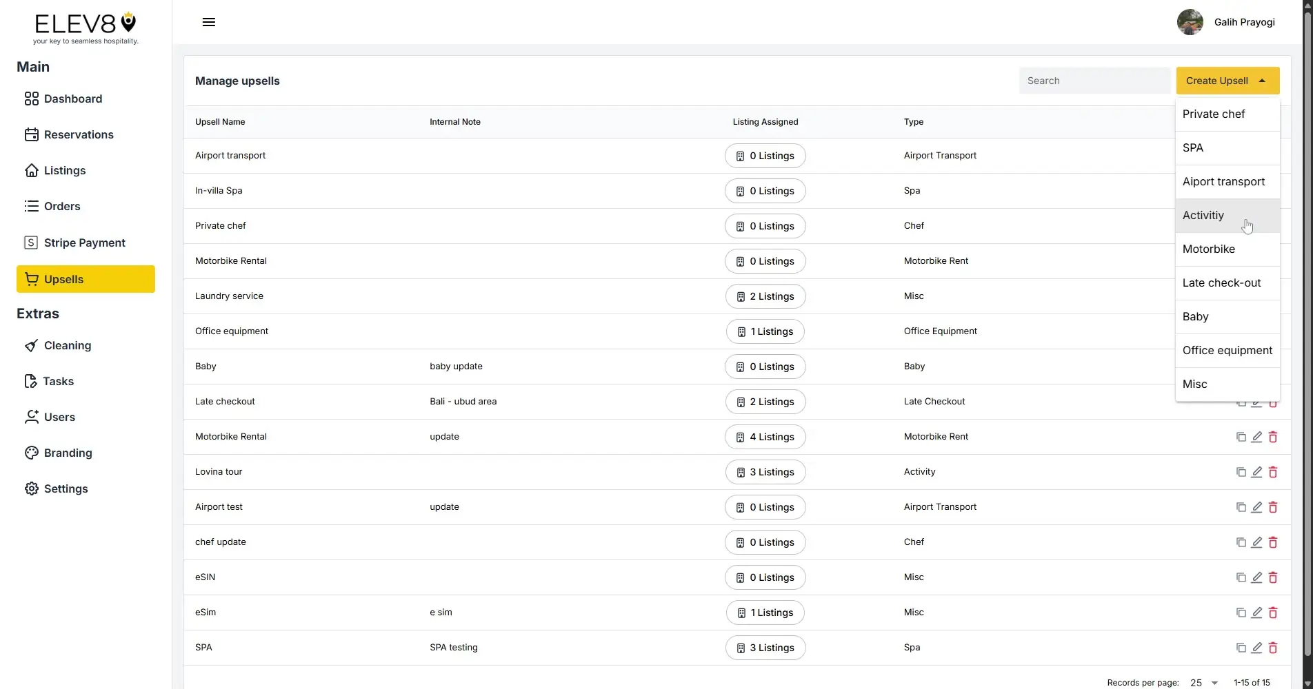 ELEV8 platform Manage Upsells page showing a list of upsell services with options to create new upsells.