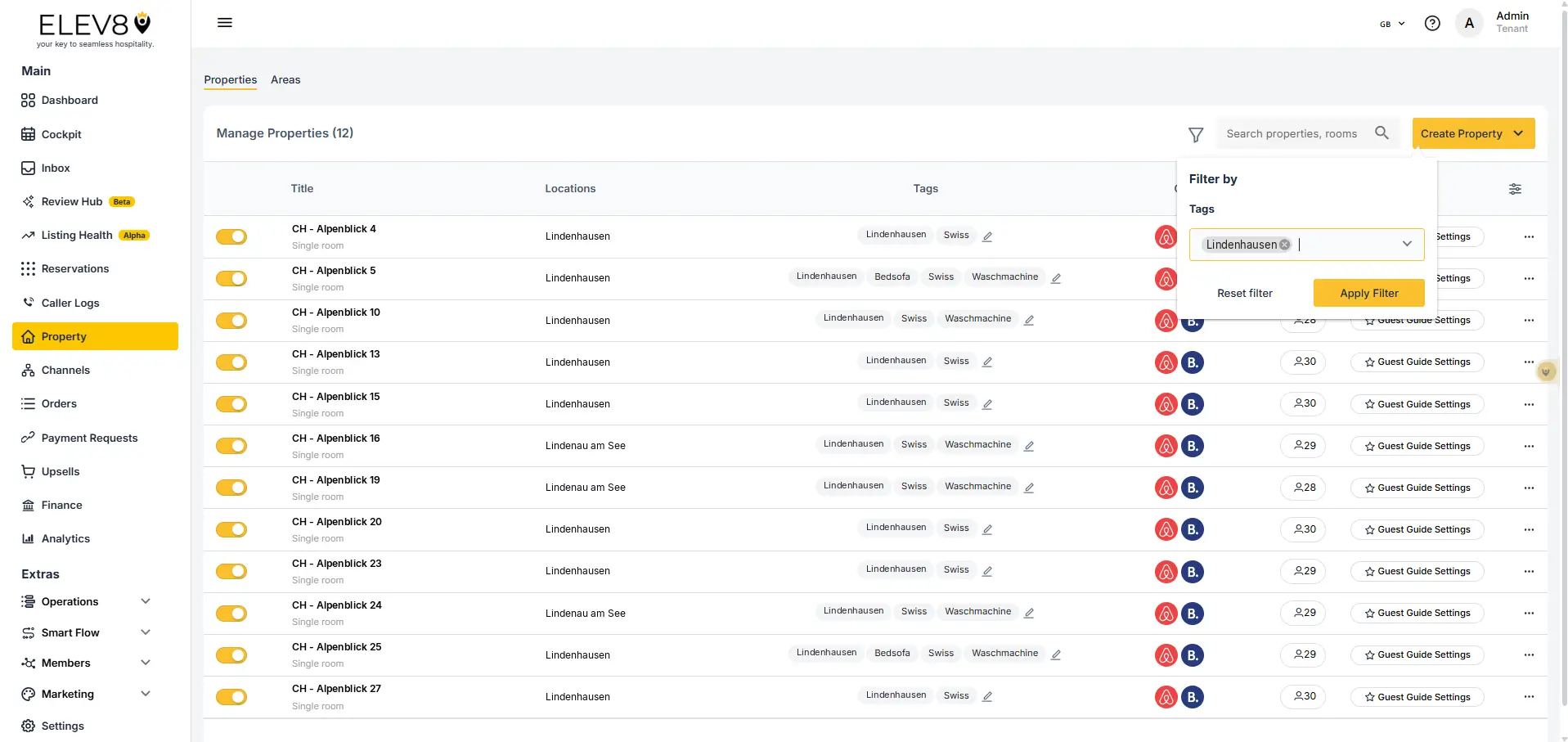 ELEV8 Properties page showing property management interface with filter options and navigation menu.