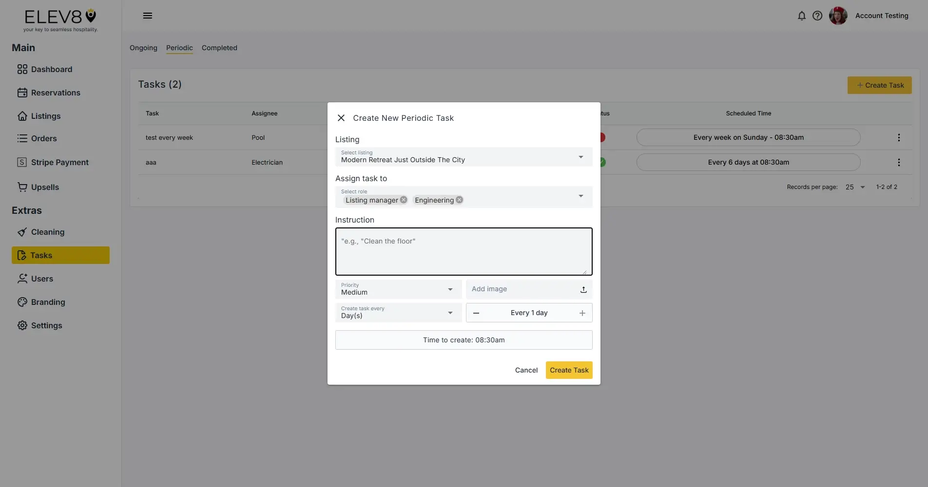 ELEV8 Tasks section with Create New Periodic Task modal open.
